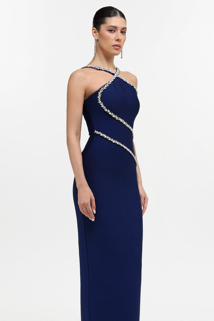 Robe longue gainante moulante bleue Kailani Classic Contour à licou et strass