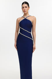 Robe longue gainante moulante bleue Kailani Classic Contour à licou et strass