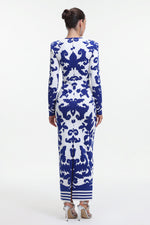 Load image into Gallery viewer, Round Neck Long Sleeve Jacquard Bandage Maxi Dress