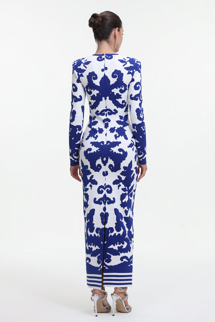 Round Neck Long Sleeve Jacquard Bandage Maxi Dress