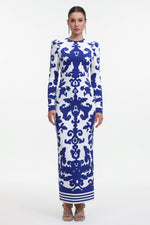 Load image into Gallery viewer, Round Neck Long Sleeve Jacquard Bandage Maxi Dress
