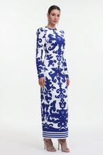 Load image into Gallery viewer, Round Neck Long Sleeve Jacquard Bandage Maxi Dress