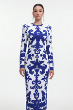Load image into Gallery viewer, Round Neck Long Sleeve Jacquard Bandage Maxi Dress