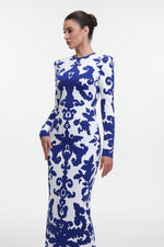 Load image into Gallery viewer, Round Neck Long Sleeve Jacquard Bandage Maxi Dress