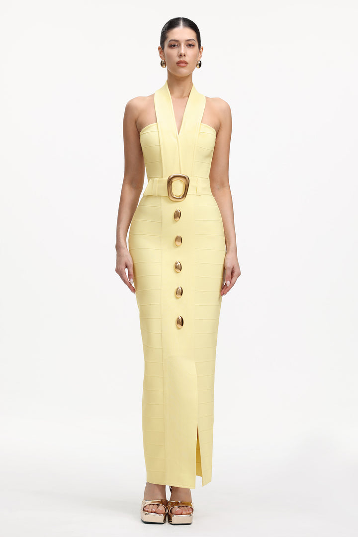 Lanla Chic Contour Halter Metal Buckle Bandage Maxi Dress