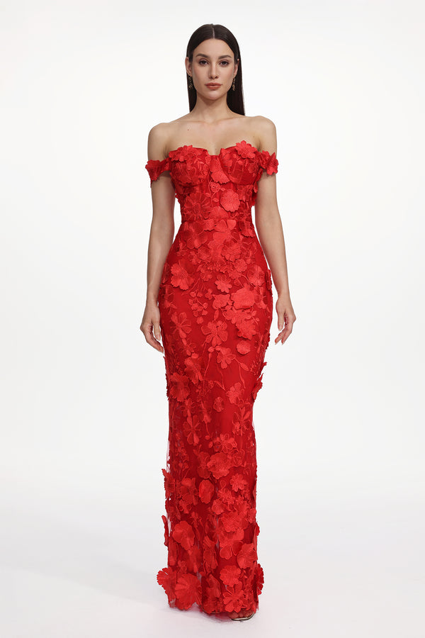 Romantic Tailored Off Shoulder Floral Embroidered Maxi Dress