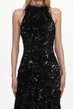 Load image into Gallery viewer, Glamorous Contour Sleeveless Feather Sequin High Slit Velvet Maxi Dress