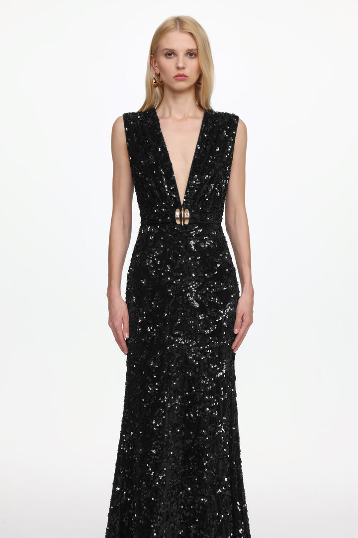 Chic Contour Sleeveless Deep V Metal Buckle Sequin Velvet Maxi Dress