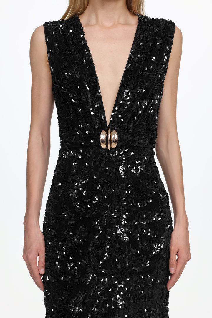 Chic Contour Sleeveless Deep V Metal Buckle Sequin Velvet Maxi Dress