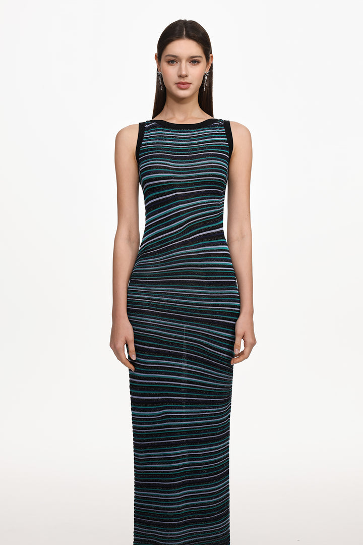 Nirina Chic Contour Round Neck Sleeveless Stripe Knit Maxi Dress