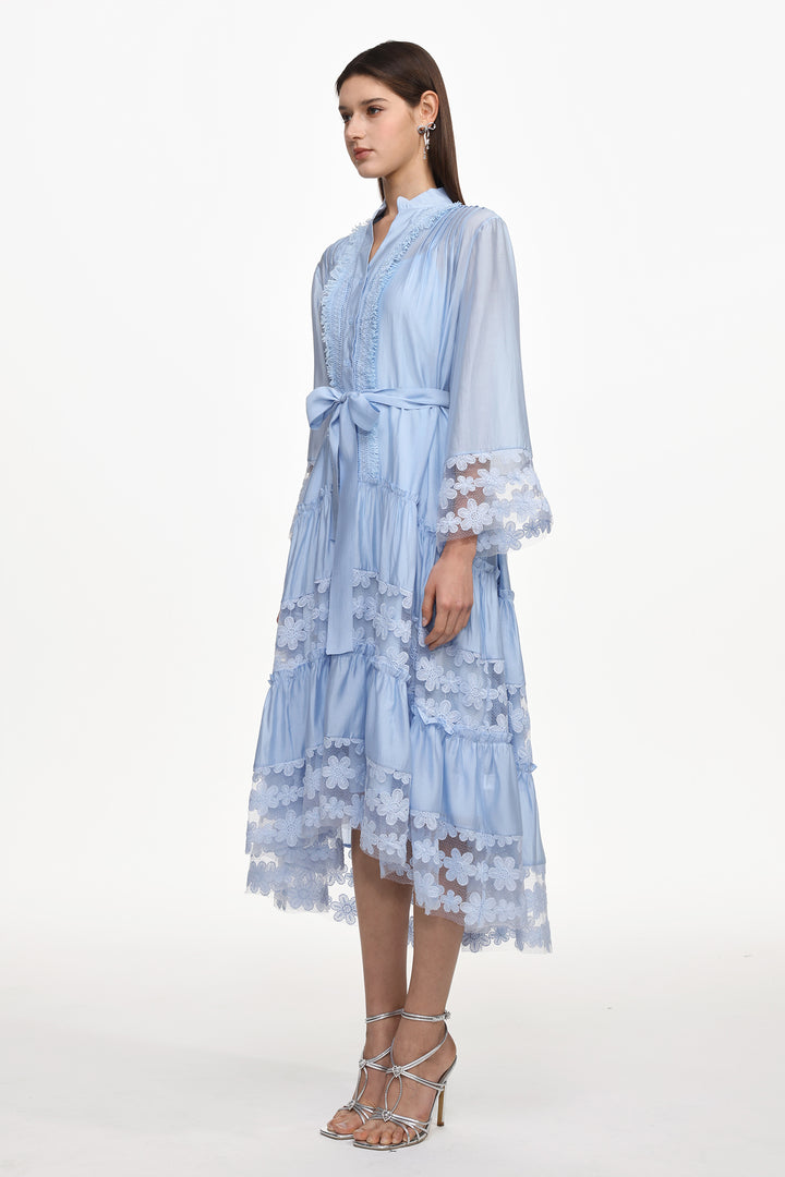 Doro Resort Flowy Long Sleeve Ruched Floral Woven Maxi Dress