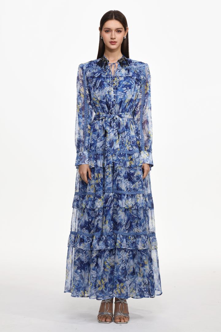 Ella Resort Flowy Long Sleeve Ruffle Floral Print Maxi Dress