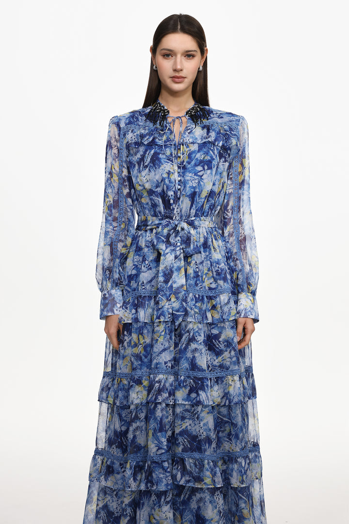 Ella Resort Flowy Long Sleeve Ruffle Floral Print Maxi Dress