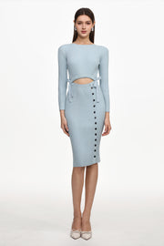 Viomo Chic Contour Round Neck Long Sleeve Buttoned Knit Midi Dress