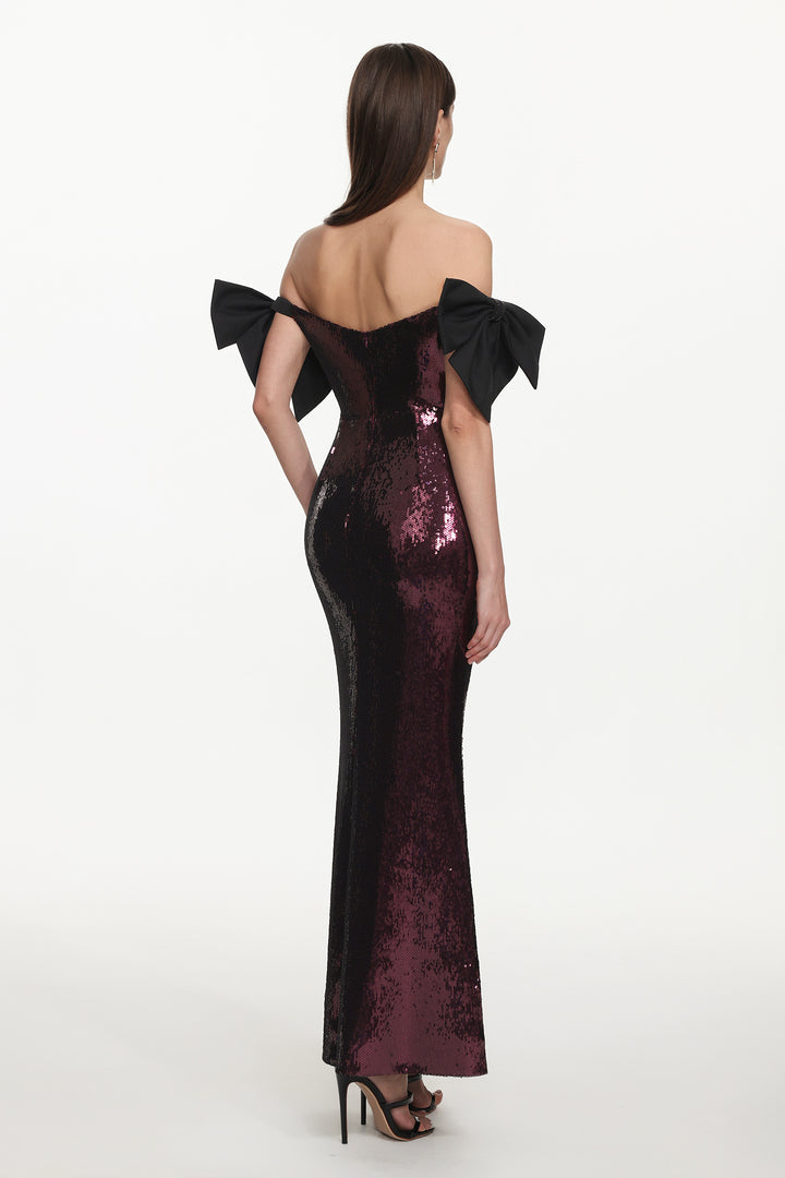 Uzaco Glamorous Contour Off Shoulder Bow Sequin Maxi Dress