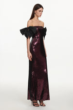 Load image into Gallery viewer, Uzaco Glamorous Contour Off Shoulder Bow Sequin Maxi Dress