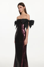Load image into Gallery viewer, Uzaco Glamorous Contour Off Shoulder Bow Sequin Maxi Dress