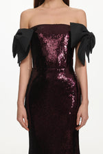 Load image into Gallery viewer, Uzaco Glamorous Contour Off Shoulder Bow Sequin Maxi Dress