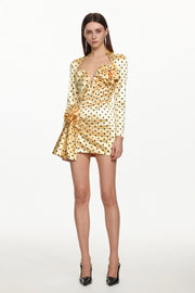 Ridia Romantic Tailored Long Sleeve Pleated Polka Dot Floral Mini Dress