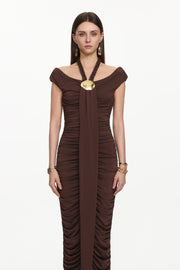 Devere Elegant Contour Sleeveless Ruched Knit Brown Maxi Dress