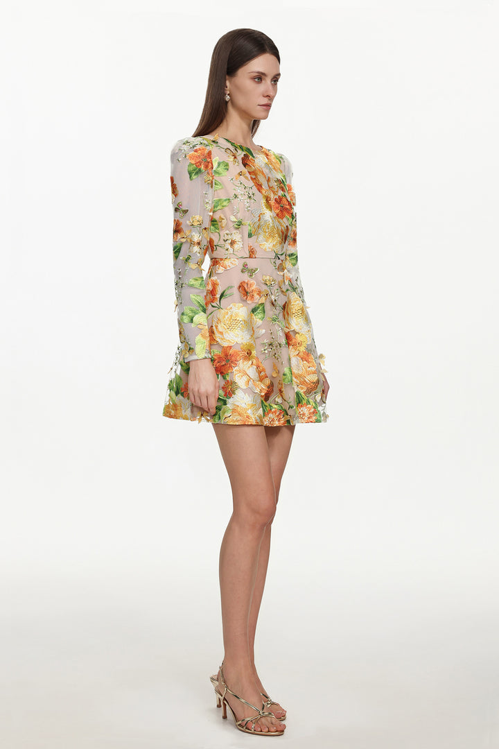 Vicky Romantic Tailored Long Sleeve Embroidered Floral Mini Dress