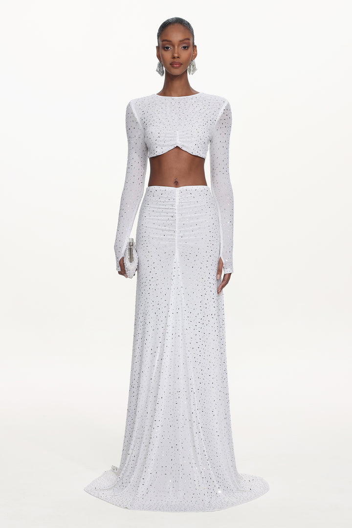 Elva Chic Contour Long Sleeve Ruched Crystal Top and Skirt Set