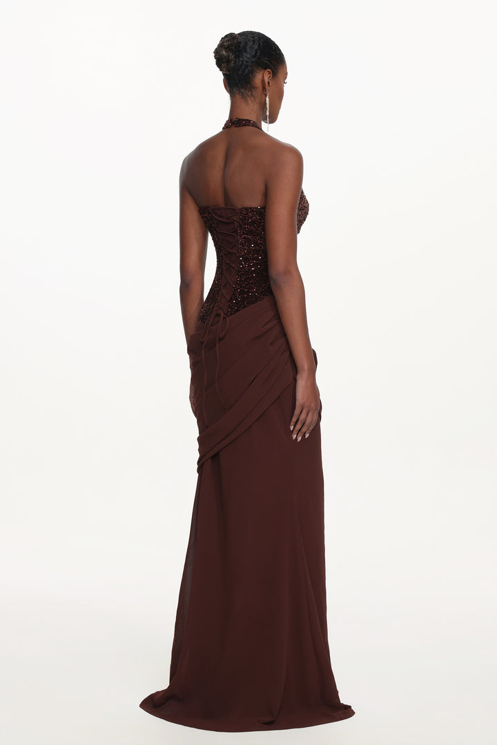 Theodora Chic Contour V Neck Halter Ruched Sequin Maxi Dress