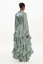 Lade Bild in die Galerieansicht, Grasa Elegant Flowy Long Sleeve Pleated Ruffle Maxi Dress