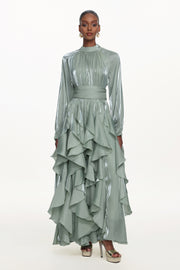 Grasa Elegant Flowy Long Sleeve Pleated Ruffle Maxi Dress
