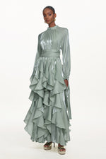 Lade Bild in die Galerieansicht, Grasa Elegant Flowy Long Sleeve Pleated Ruffle Maxi Dress