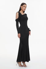 Load image into Gallery viewer, Luysa Elegant Contour One Shoulder Ruched Knit Black Maxi Dress