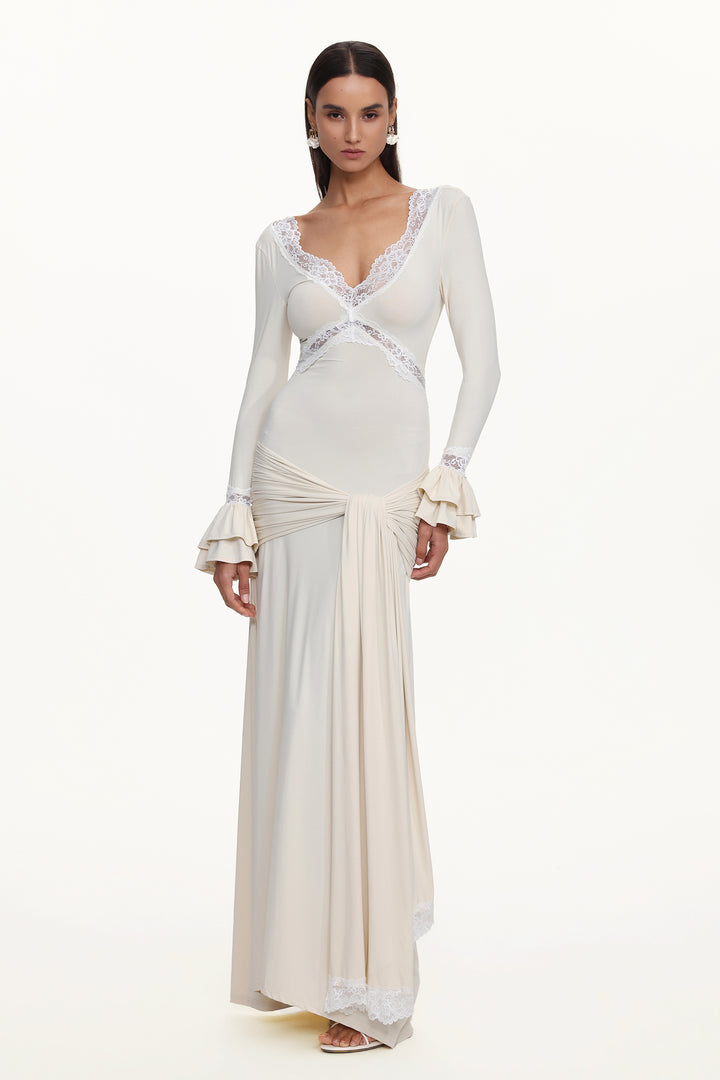 Xavier V-Neck Long Sleeves Lace Twist Beige Maxi Dress