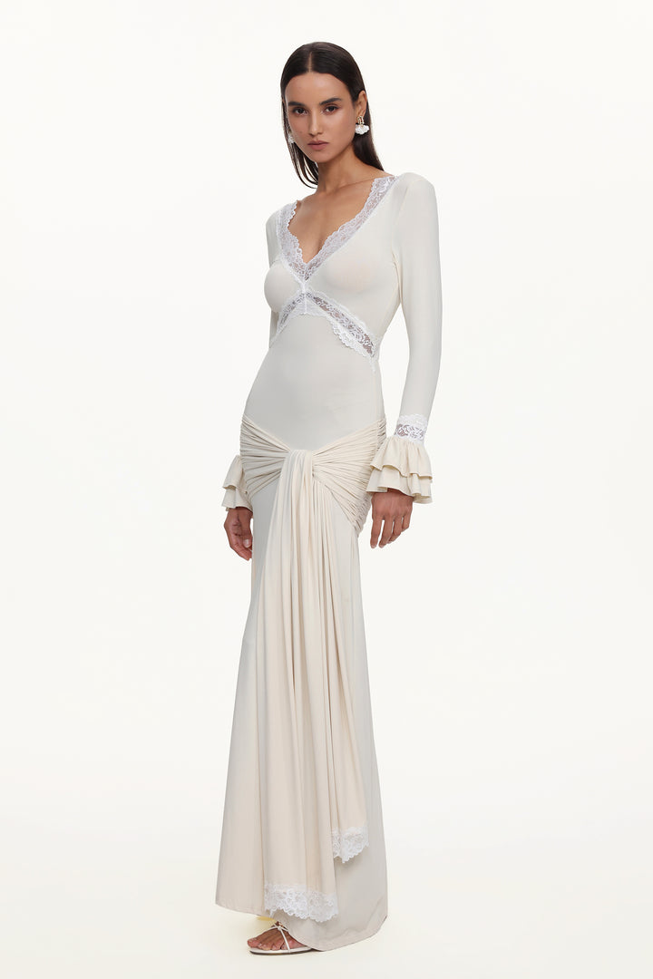 Xavier V-Neck Long Sleeves Lace Twist Beige Maxi Dress