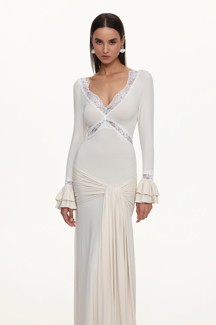 Xavier V-Neck Long Sleeves Lace Twist Beige Maxi Dress