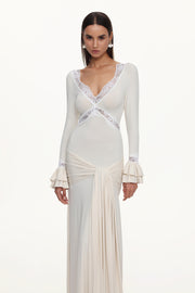 Xavier V-Neck Long Sleeves Lace Twist Beige Maxi Dress