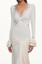 Load image into Gallery viewer, Xavier V-Neck Long Sleeves Lace Twist Beige Maxi Dress
