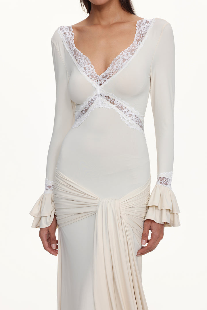 Xavier V-Neck Long Sleeves Lace Twist Beige Maxi Dress