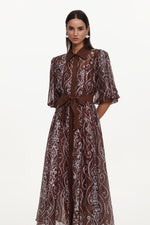 Load image into Gallery viewer, Vakana Resort Flowy Puff Sleeve Floral Woven Brown Maxi Dress