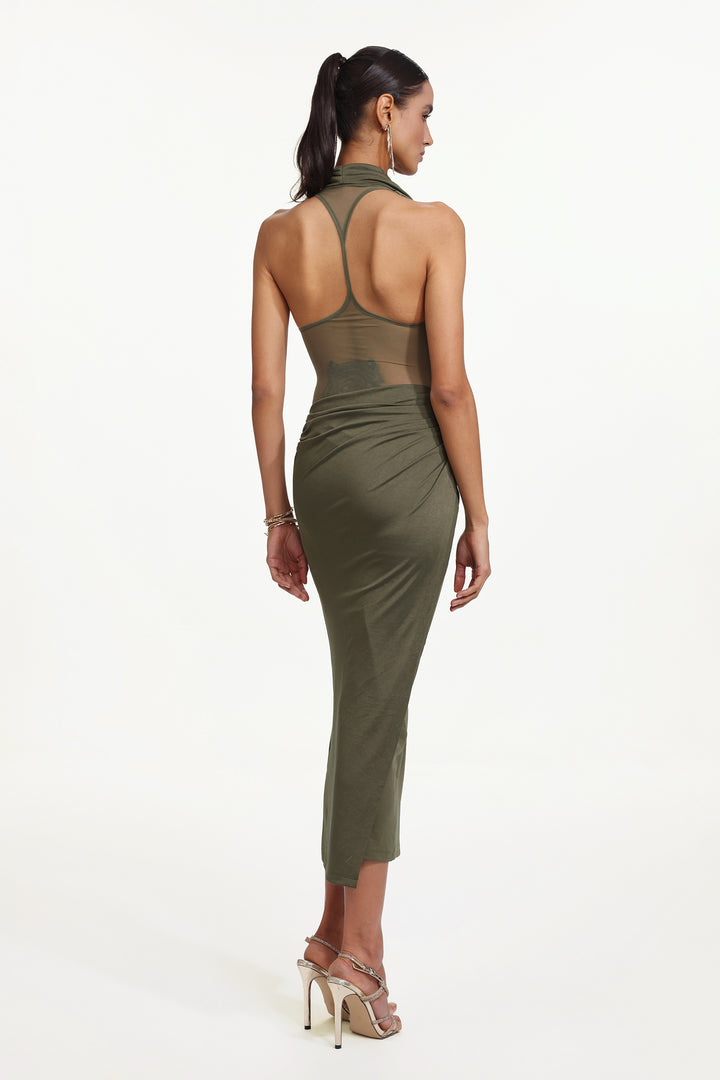 Klaria Chic Contour Cowl Neck Sleeveless Ruched Knit Maxi Dress