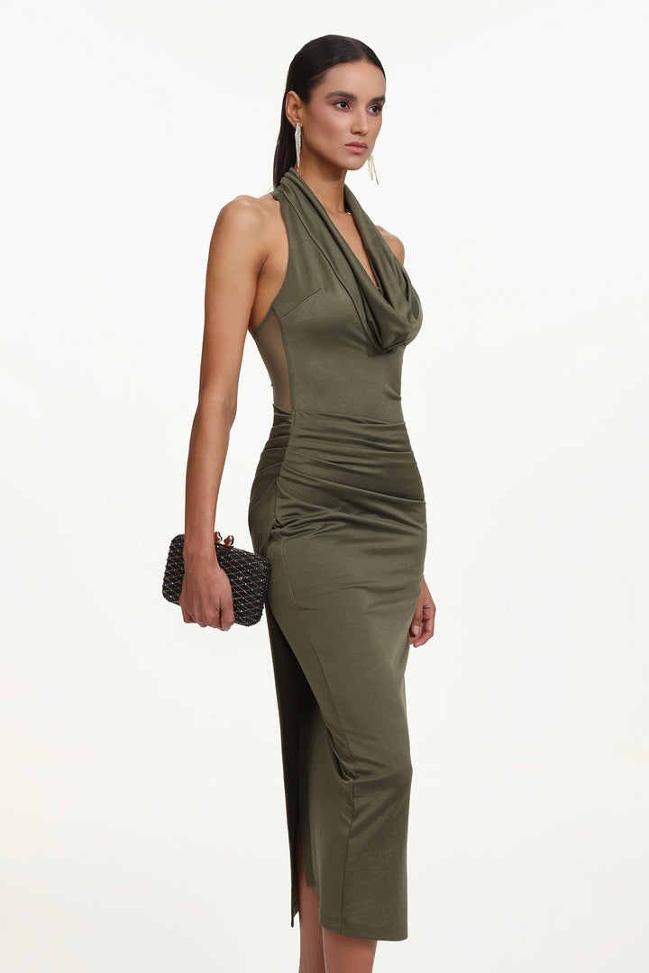 Klaria Chic Contour Cowl Neck Sleeveless Ruched Knit Maxi Dress