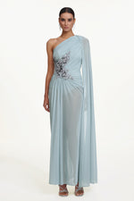 Load image into Gallery viewer, Kaylee Elegant Flowy One Shoulder Sequin Embroidered Ruched Mesh Maxi Dress