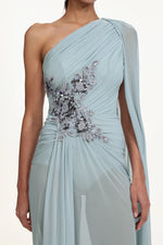 Load image into Gallery viewer, Kaylee Elegant Flowy One Shoulder Sequin Embroidered Ruched Mesh Maxi Dress
