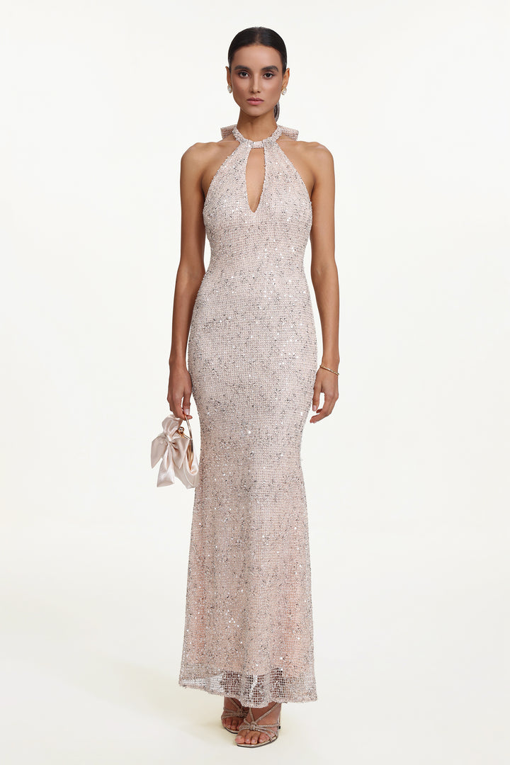 Saslim Chic Contour Halter Cut Out Sequin Maxi Dress