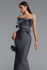 Load image into Gallery viewer, The Celestine Noir Contour Strapless Bow Silhouette Maxi Dress
