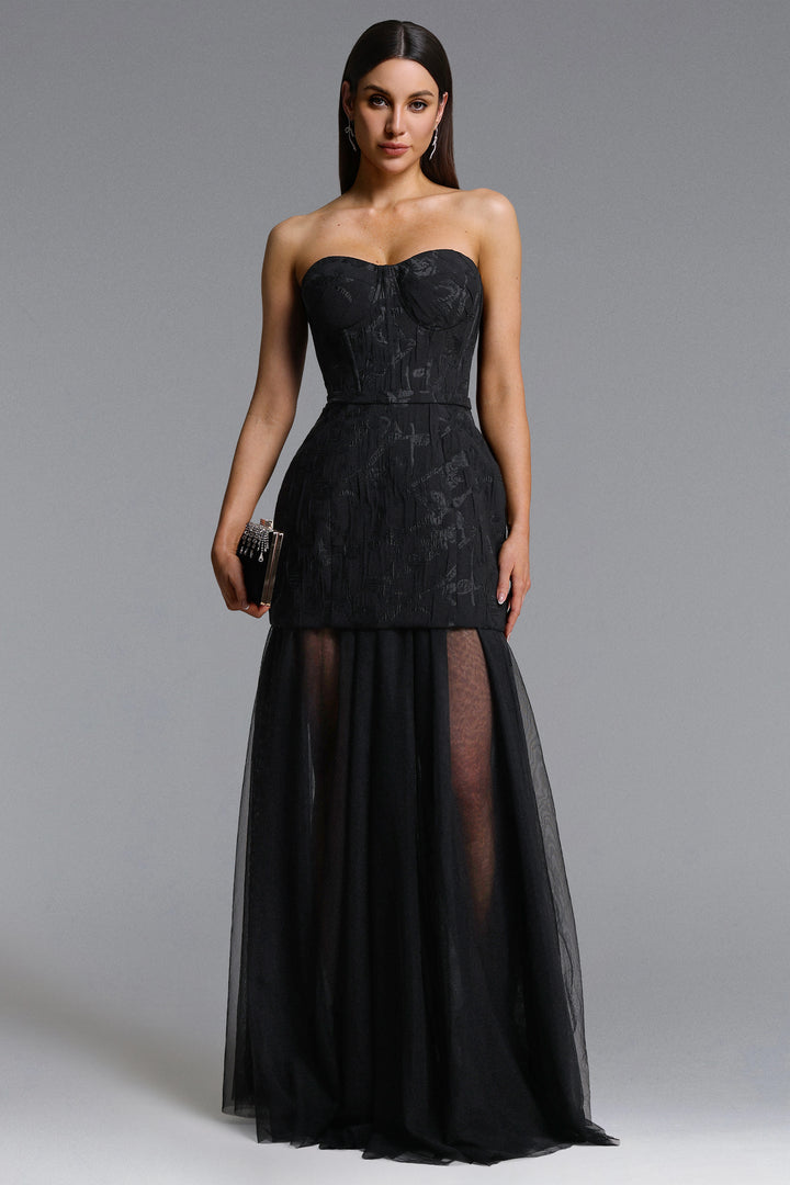 Margo Chic Contour Strapless Jacquard Floral Tulle Maxi Dress