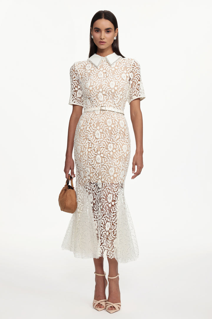 Selly Elegant Contour Short Sleeve Rhinestone Floral Lace Woven Maxi Dress