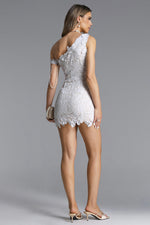 Load image into Gallery viewer, Spola Romantic Tailored One Shoulder Pearl Chain Lace Mini Dress
