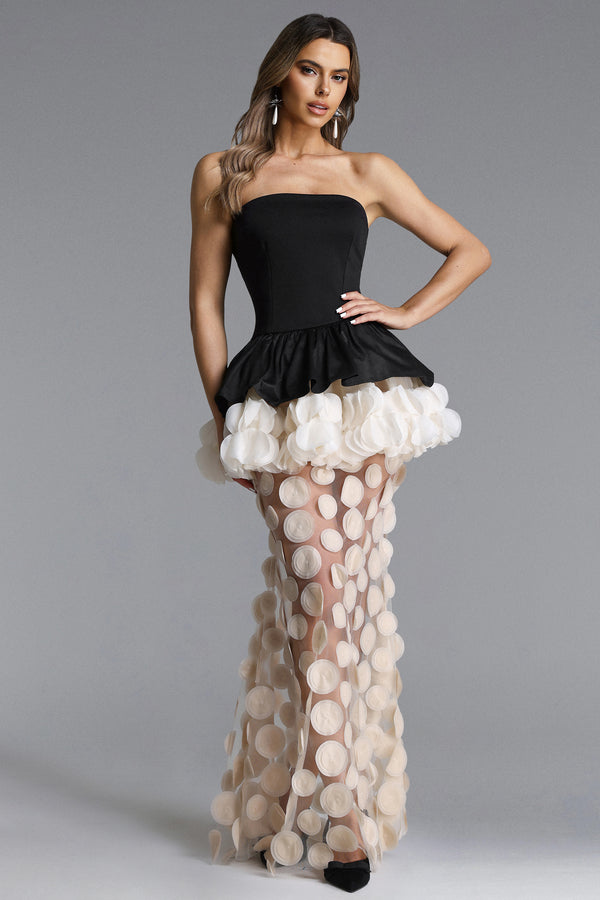 Johanne Elegant Contour Strapless Ruffle Contrast Maxi Dress