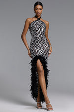 Lade Bild in die Galerieansicht, Raola Glamorous Contour Halter Rhinestone Sequin Feather Maxi Dress