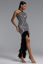 Lade Bild in die Galerieansicht, Raola Glamorous Contour Halter Rhinestone Sequin Feather Maxi Dress